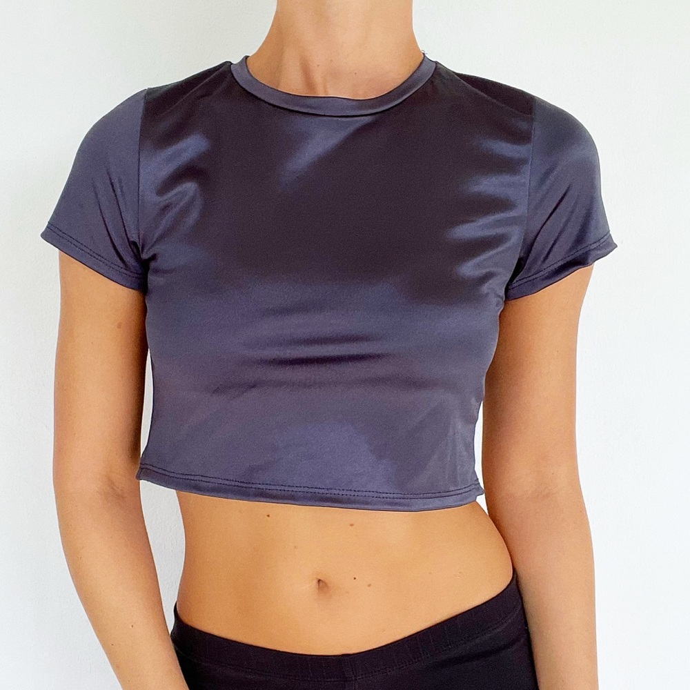 Electrica shiny metallic silver blue cut out back crop top size small